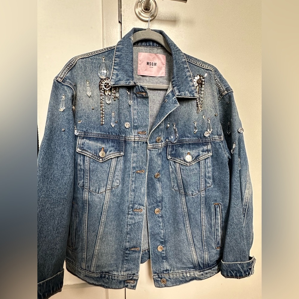 MSGM Oversized Denim Jeweled Jacket, Size 40 / Small
